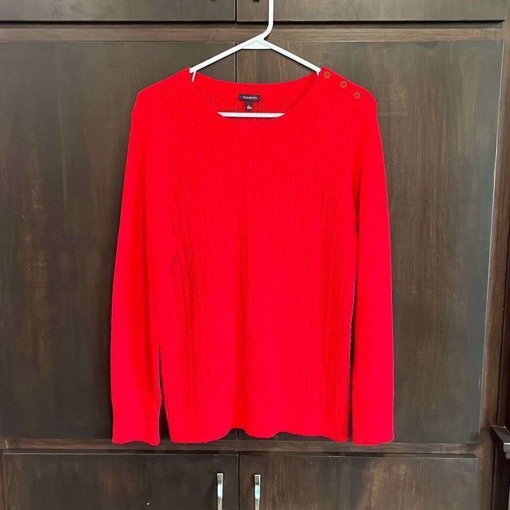 Talbots Red Cable Knit Button Shoulder Sweater Large